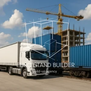 Coordinated logistics and transport service for timely booth construction