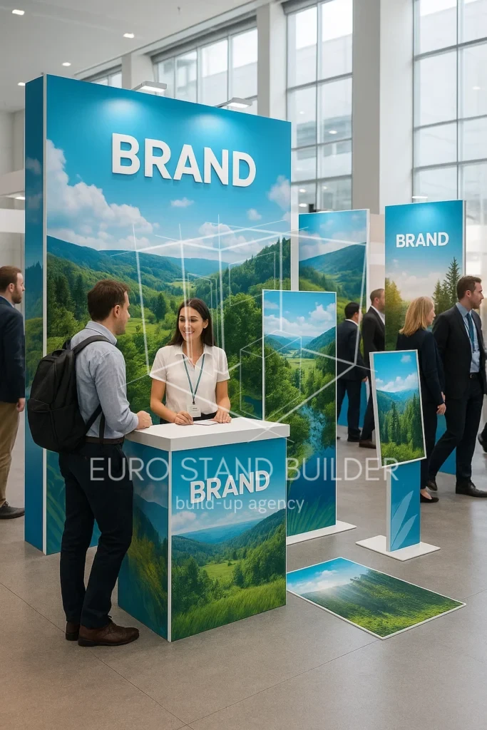Custom-designed trade show booth graphics created for attendee engagement