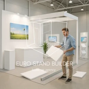 Careful dismantling of exhibition booth components after the event