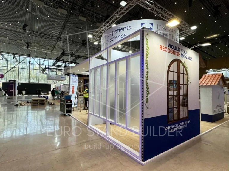 Modular trade show booth in Barcelona, Spain – designed and installed by Euro Stand Builder with full EU compliance.