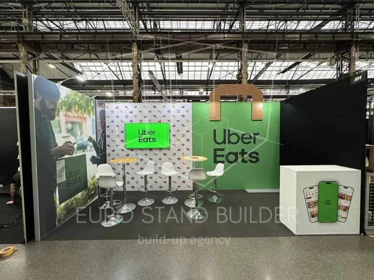 Custom trade show booth executed in Dusseldorf, Germany by Euro Stand Builder – fully compliant with EU regulations.