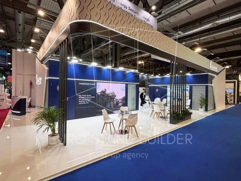 Modular trade show structure installed in Milan, Italy by Euro Stand Builder – combining design and functionality.
