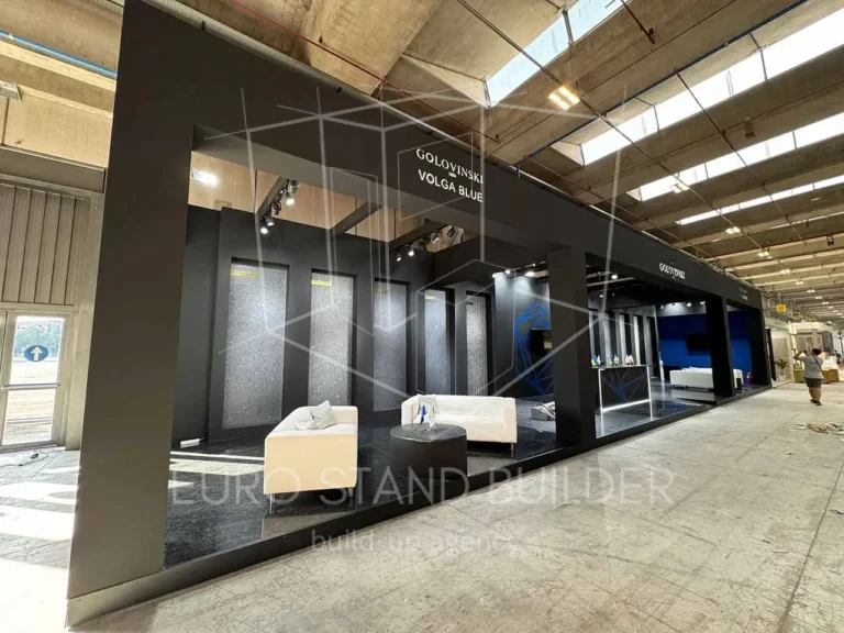 Trade show booth installation in Verona, Italy – designed and built by Euro Stand Builder with over a decade of experience.